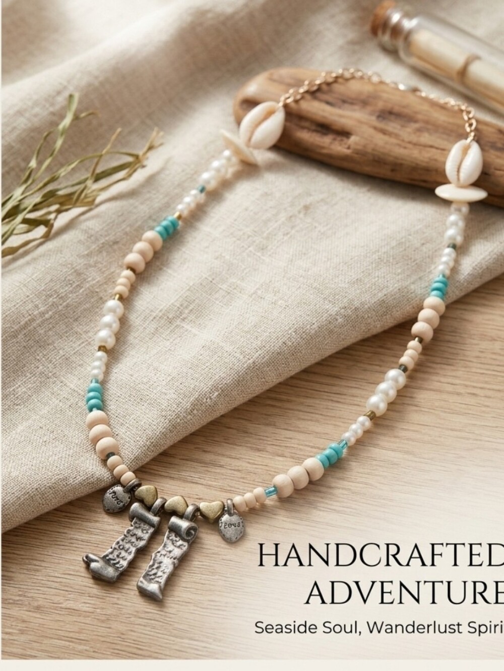 Seaside Beaded Shell Necklace with Turquoise Accents - Handcrafted
